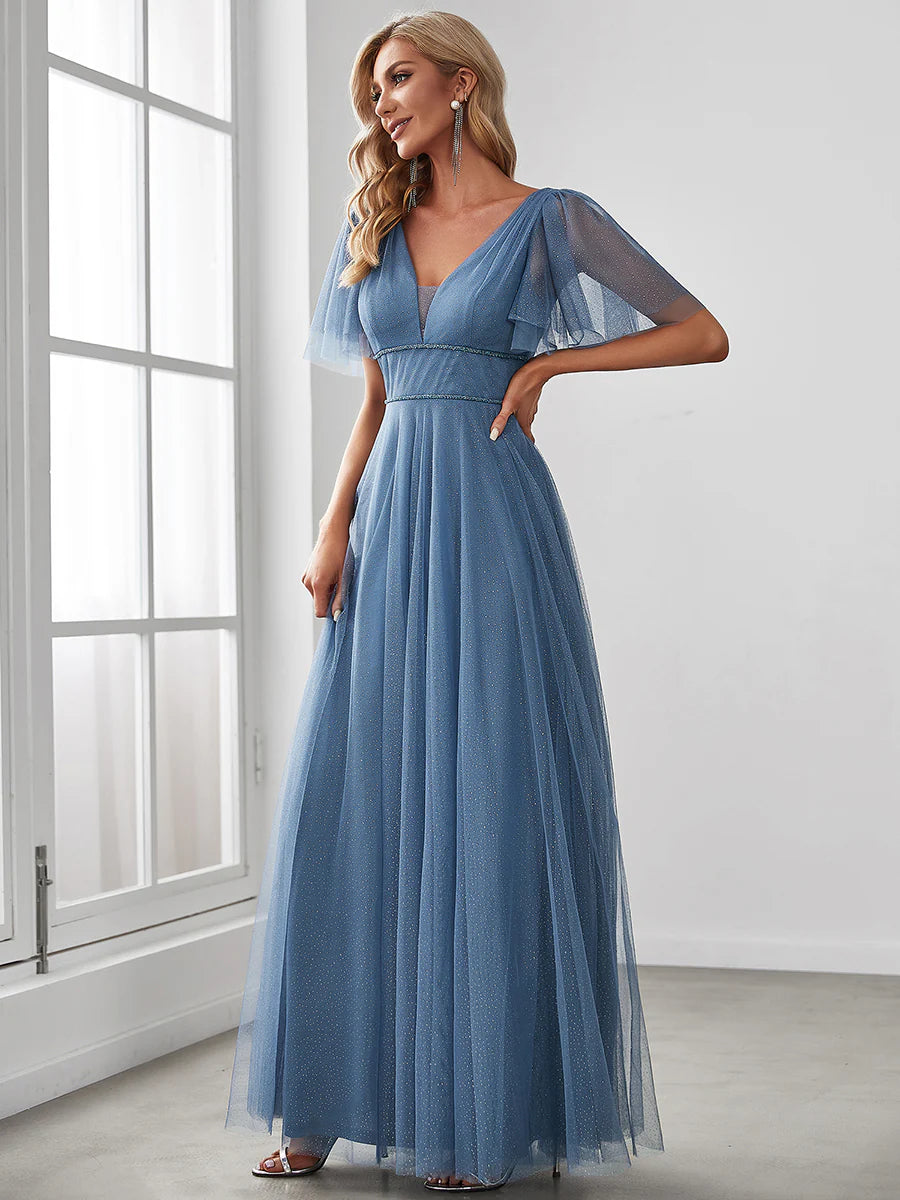Wholesale Long Deep V Neck Maxi A-Line Tulle Evening Dress