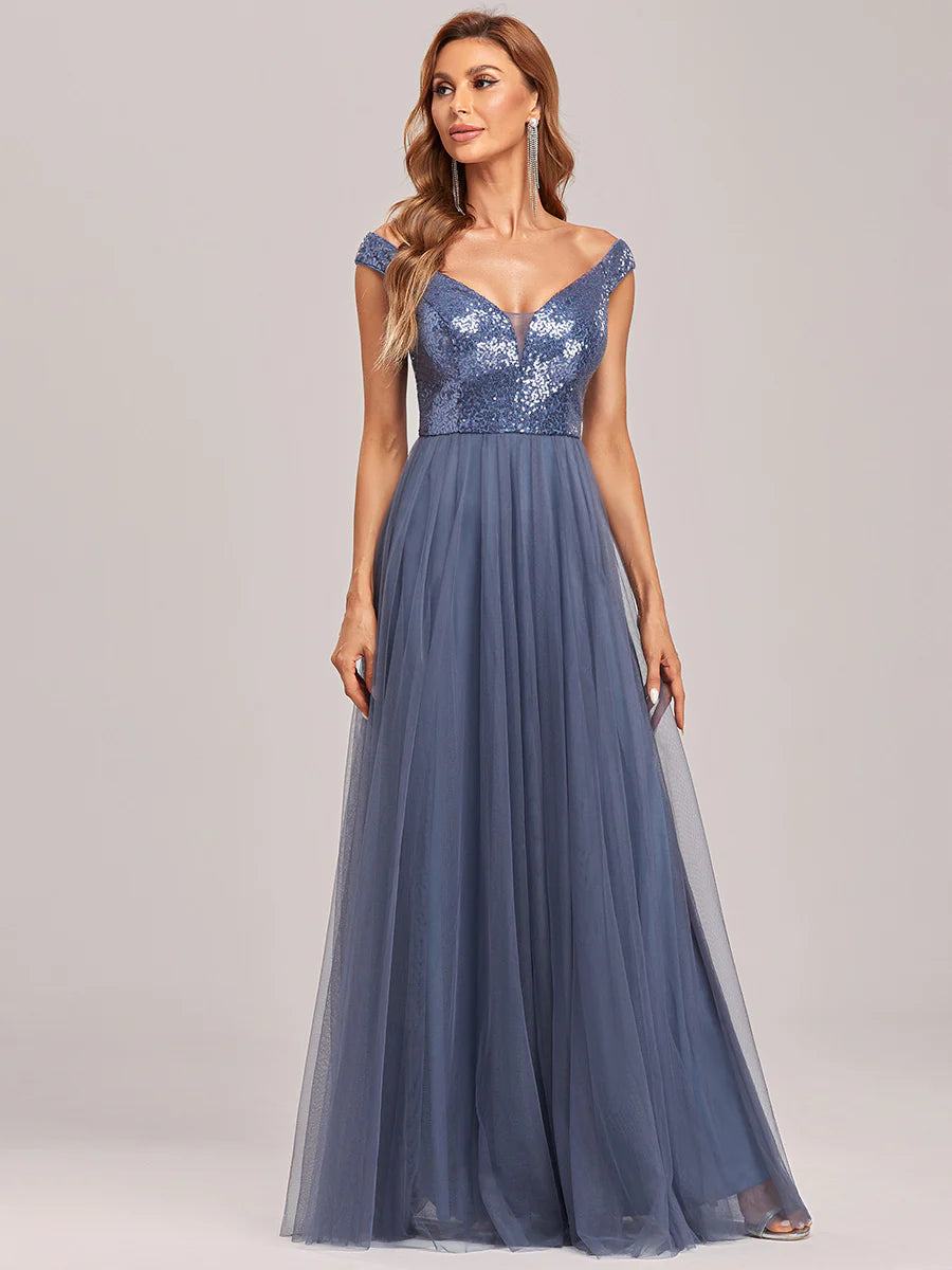 Wholesale Off Shoulder Tulle & Sequin Sleeveless Evening Dress