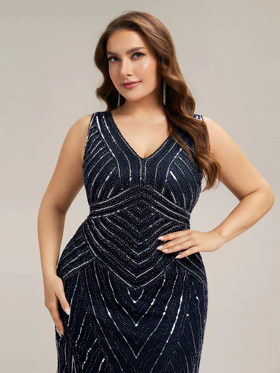 Commercial Wholesale Sleeveless High Stretch Fishtail Beaded V-Neck Evening Dresses