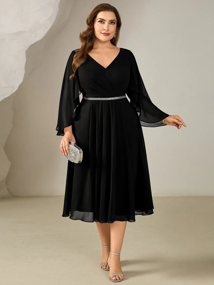 Plus Size 3/4 Sleeve Ruffle Deep V-Neck A-Line Midi Wedding Guest Dresses