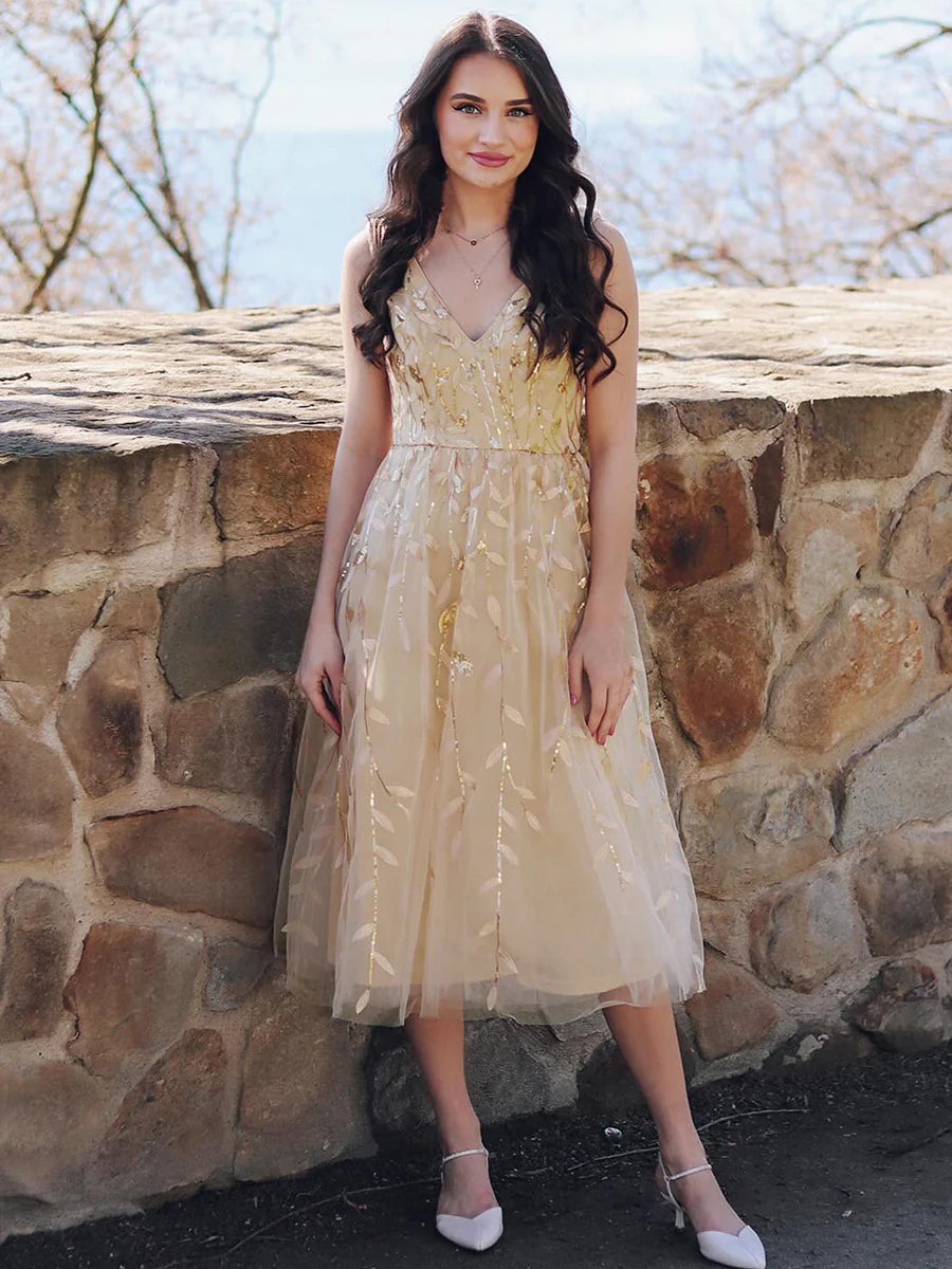 V-Neck Sequin Midi Wedding Guest Dress With Sleeveless