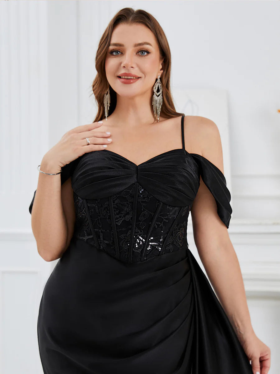 B2B-Exclusive Plus Size Short Sleeves Sweetheart Neck Fishtail Floor Length Evening Dresses