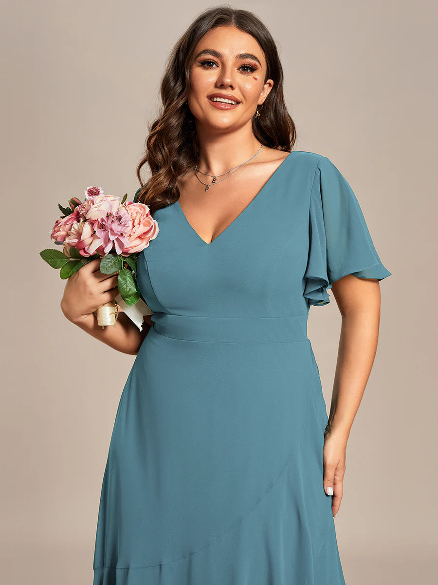 Plus V Neck High Low Ruffles Chiffon Wholesale Bridesmaid Dresses