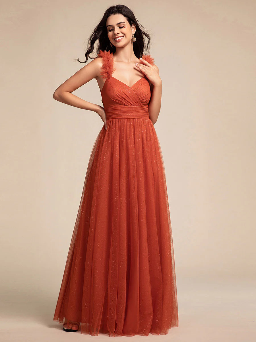 Romantic Deep V Neck Flying sleeve Tulle Bridesmaid Dresses with Gold Stamping Pleated decoration