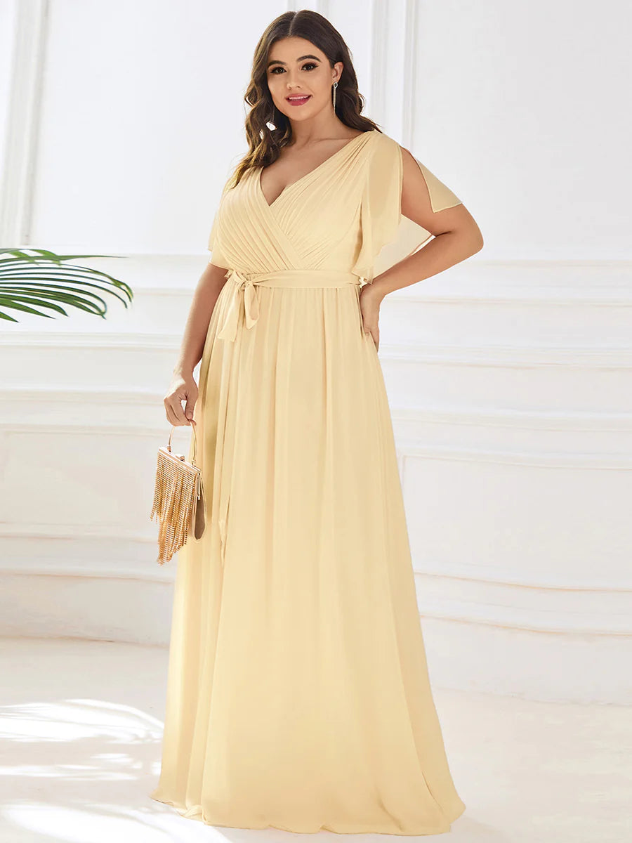 Short Sleeve Ruffle Deep V-Neck A-Line Floor Length Evening Dresses