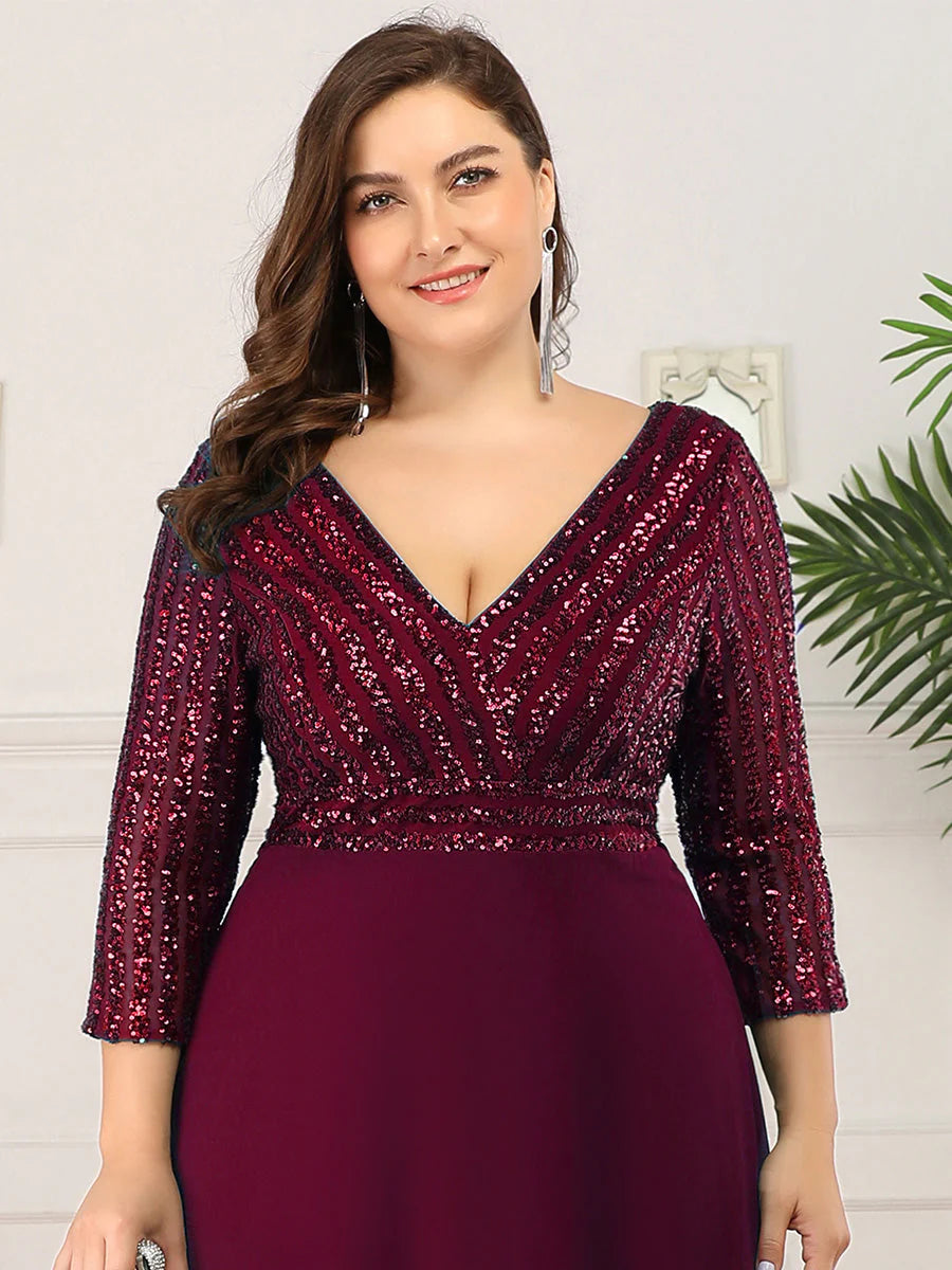 Sexy V Neck Pretty A-Line Sequin Wholesale Evening Dresses With 3/4 Sleeve