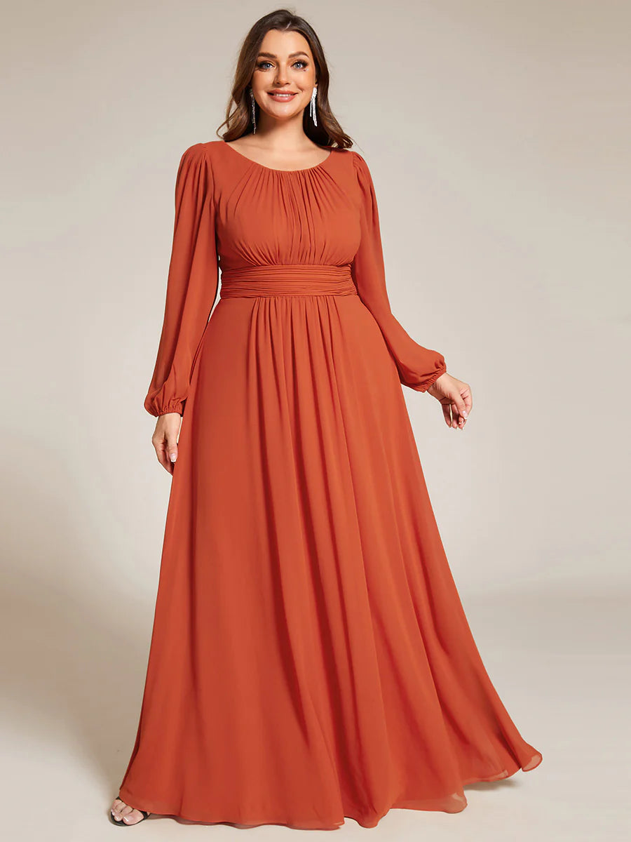 Plus Size Round Neck Wholesale Bridesmaid Dresses with Long Lantern Sleeves
