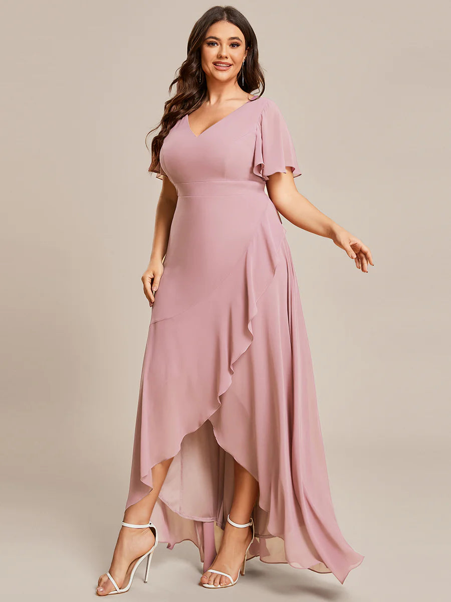 Plus V Neck High Low Ruffles Chiffon Wholesale Bridesmaid Dresses