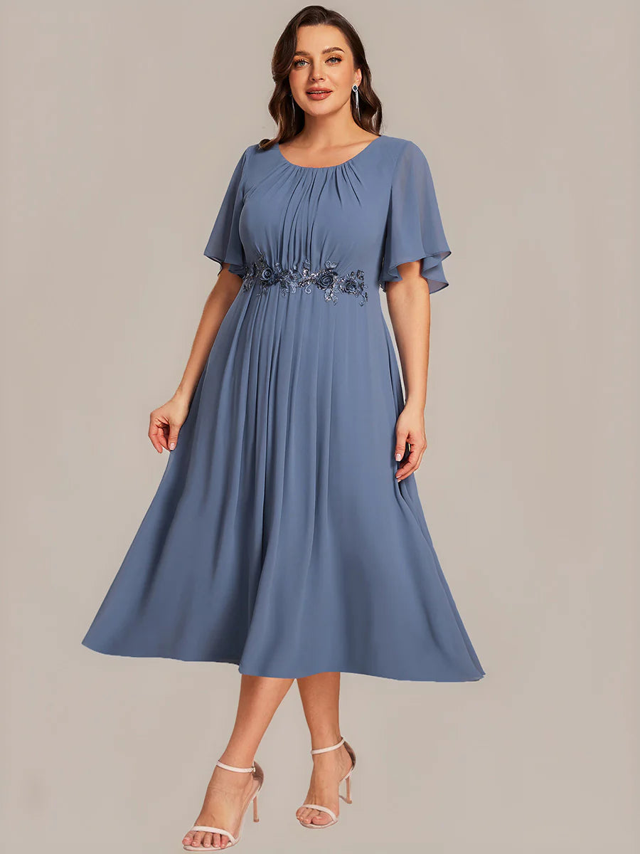 Commercial Wholesale Short Sleeve Ruffle A-Line Midi Dress with Floral Appliques Evening Dresses