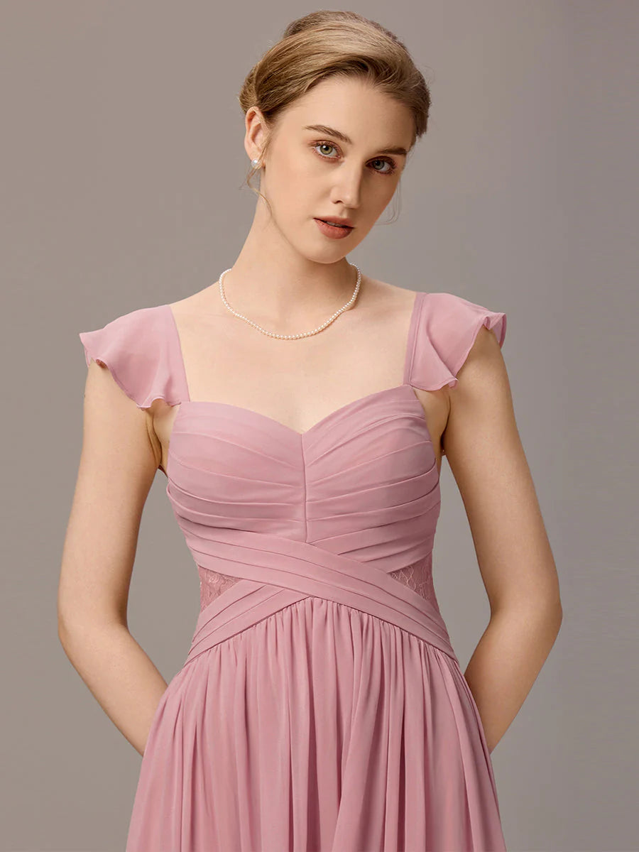 Wholesale Custom Made Back-Tie Pleated Ruffles Sleeves Bridesmaid Dress