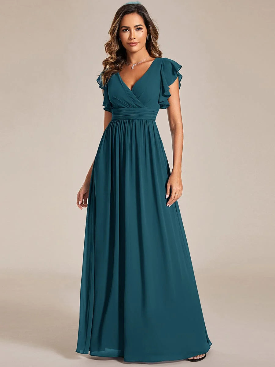 Ever LILYANA|Floral V-Neck Open Back Ruffled Sleeves Chiffon Bridesmaid Dress