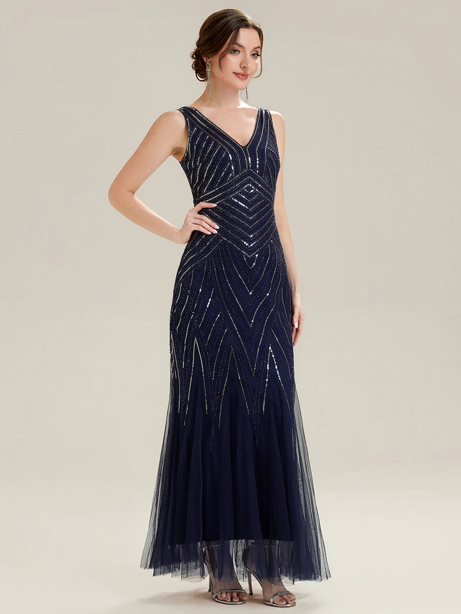 Commercial Wholesale Sleeveless High Stretch Fishtail Beaded V-Neck Evening Dresses