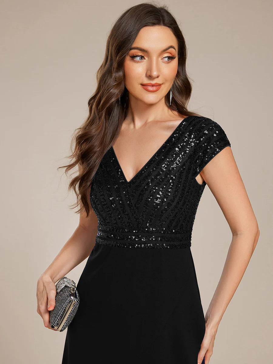 Asymmetrical Hem Short Sleeve V-Neck Formal Evening Dress with Paillette Detail