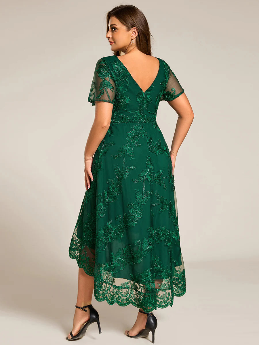 Plus Size Exquisite Embroidery Decoration Short See-through Ruffles Sleeve Lace Wedding Guest Dresses with Asymmetrical Hem