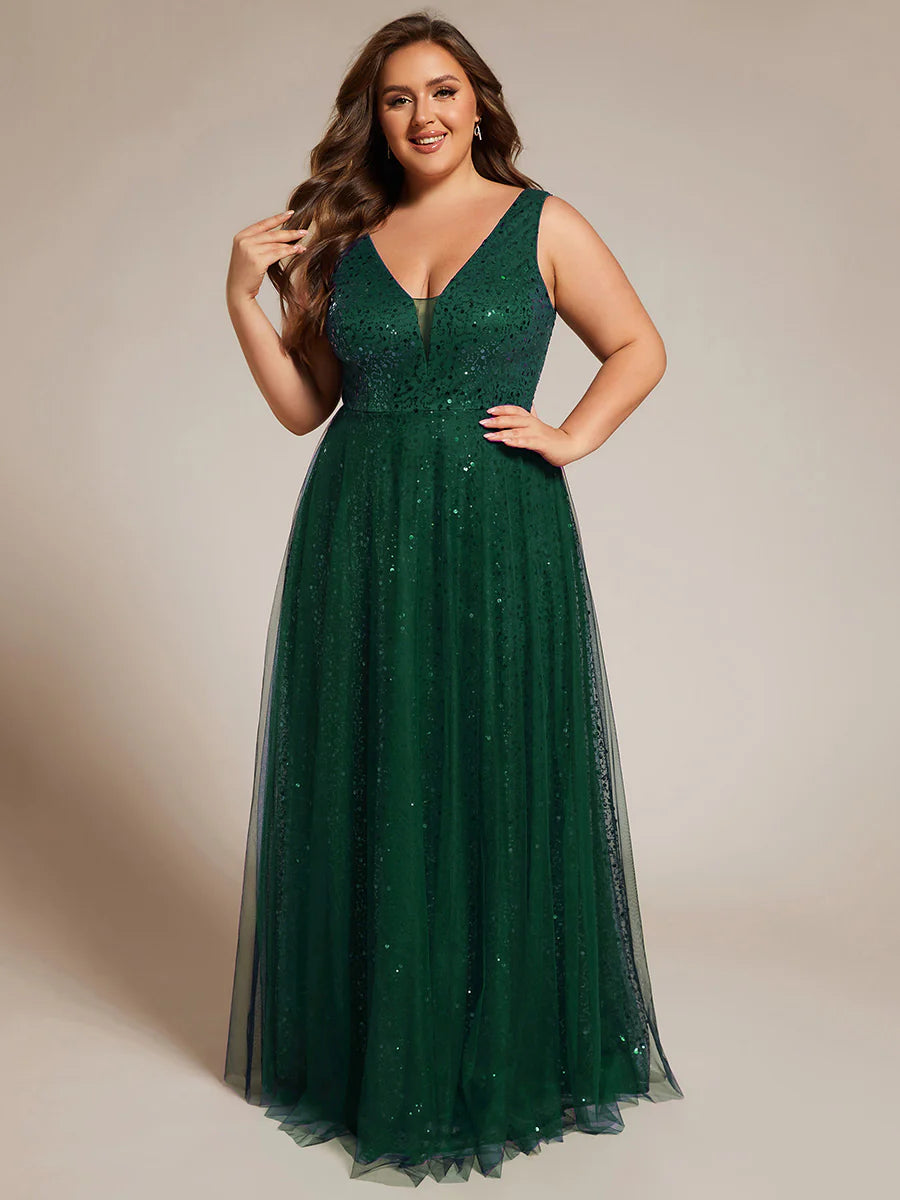 Elegant Plus Size V-Neck Backless Sequin Evening Dress with Sleeveless