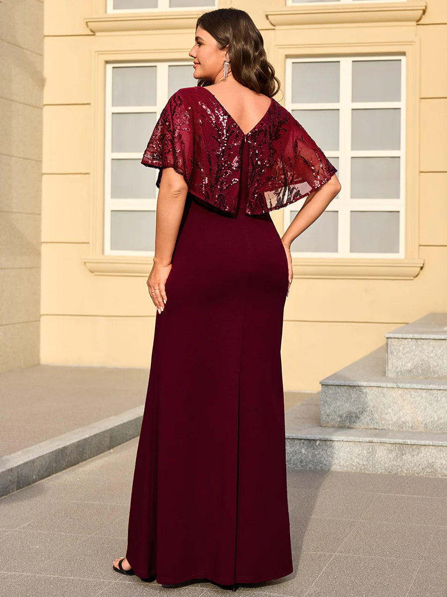 Bulk Order Short Sleeve Sequin Fishtail V-Neck Floor Length Evening Dresses