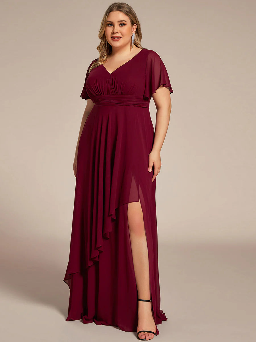 Plus Side Split V Neck Ruched Wholesale Chiffon Bridesmaid Dresses