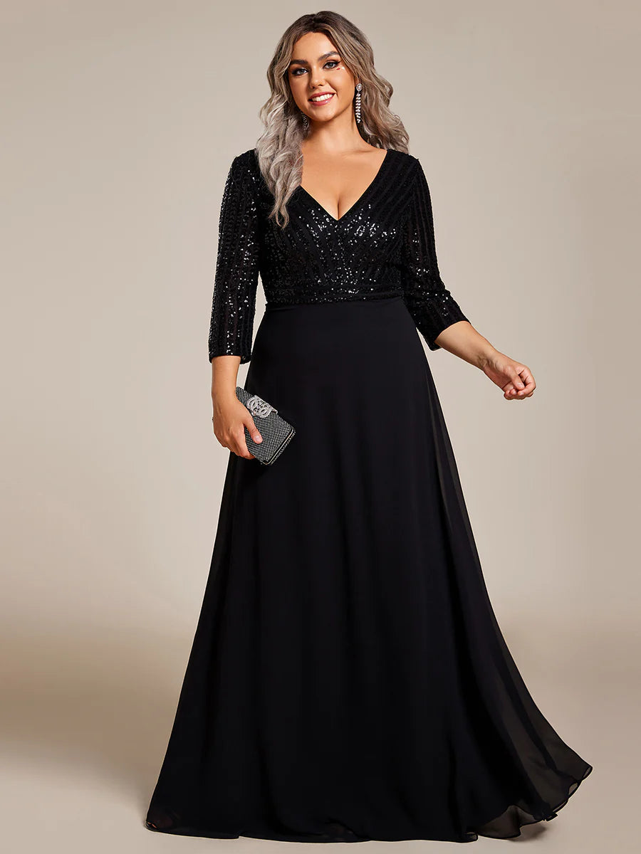 Sexy V Neck A-Line Plus Size Sequin Wholesale Evening Dress with Sleeve