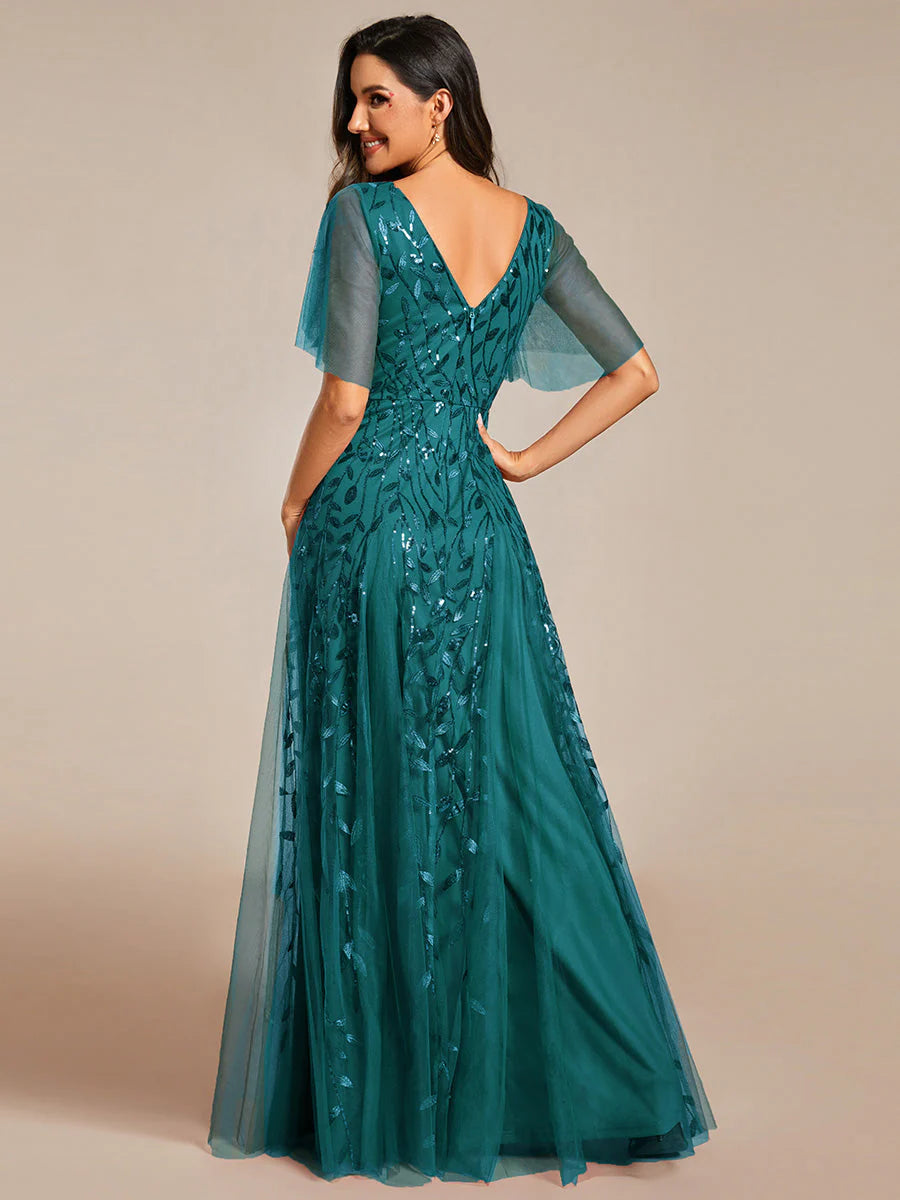 Deep V Neck Wholesale Sequin Evening Gown With Short Sleeves