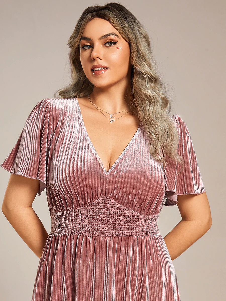 Plus-Size-V-Neck Tea Length Velvet Wedding Guest Dresses