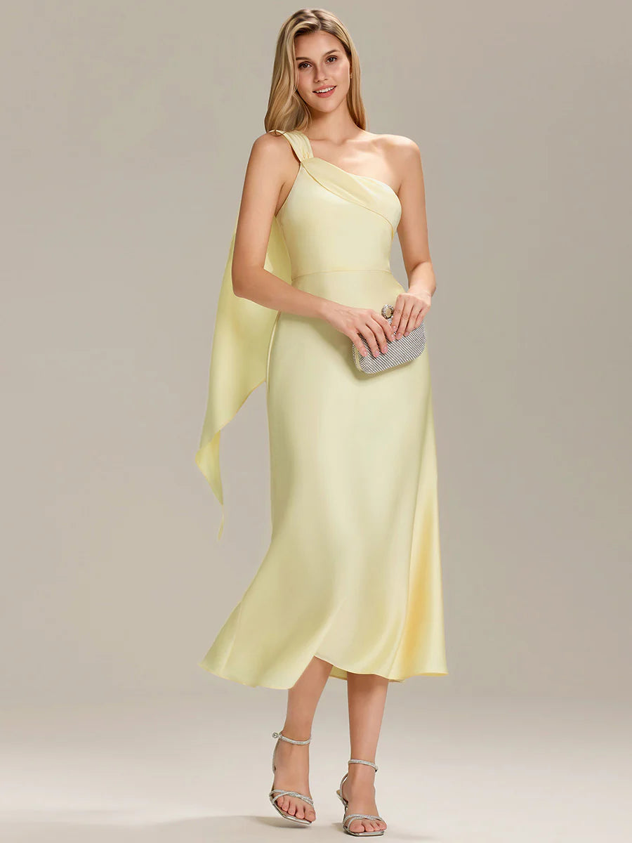 One Shoulder Gathered Non-Stretch Midi Wrap Wedding Guest Dresses
