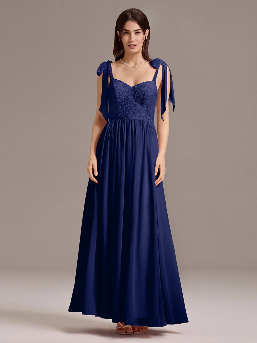 Chiffon Sweetheart Neck Bow Tie Backless A-Line Lace Bridesmaid Dress