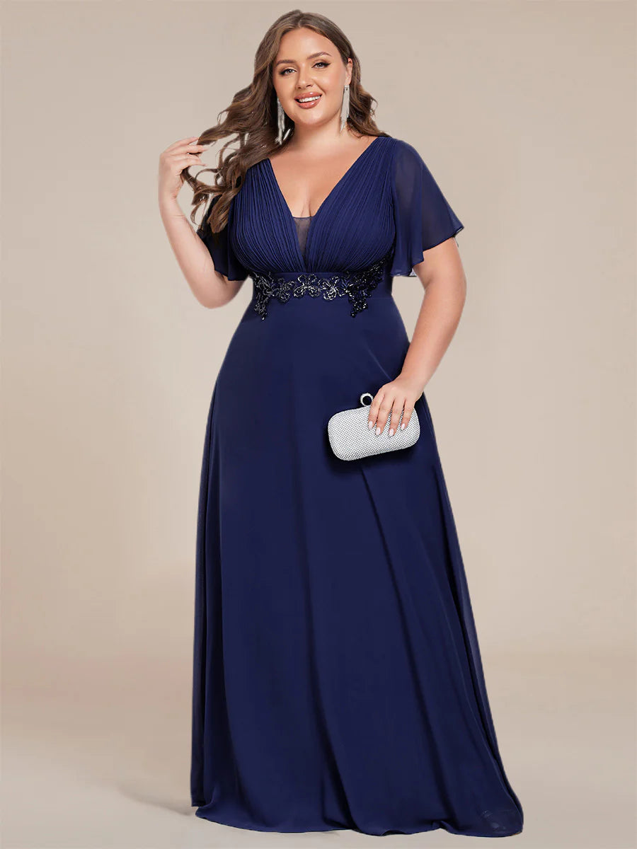 Plus Size Elegant Ruffles Sleeve Chiffon Evening Dresses with Pleated Applique Decoration