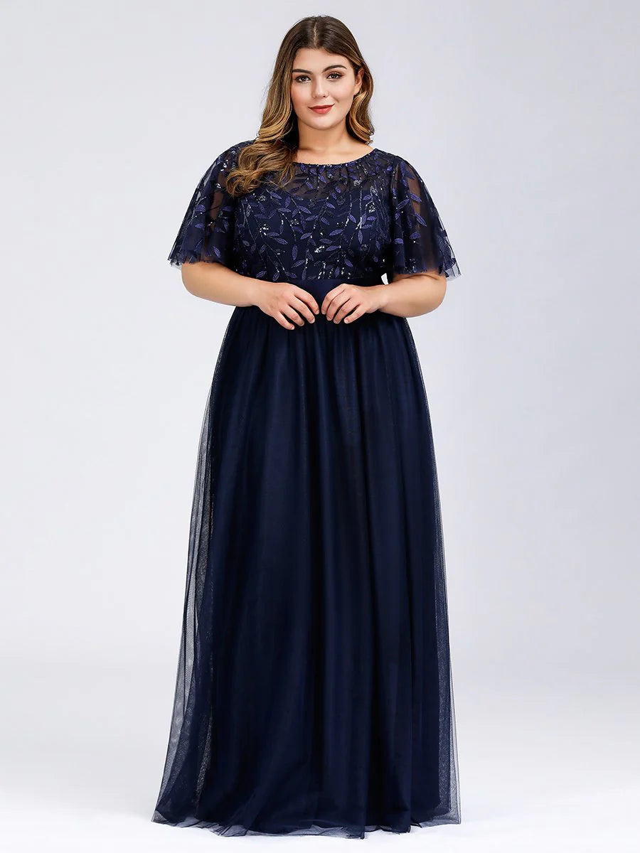 Sequin Print Plus Size Wholesale Evening Dresses with Cap Sleeve