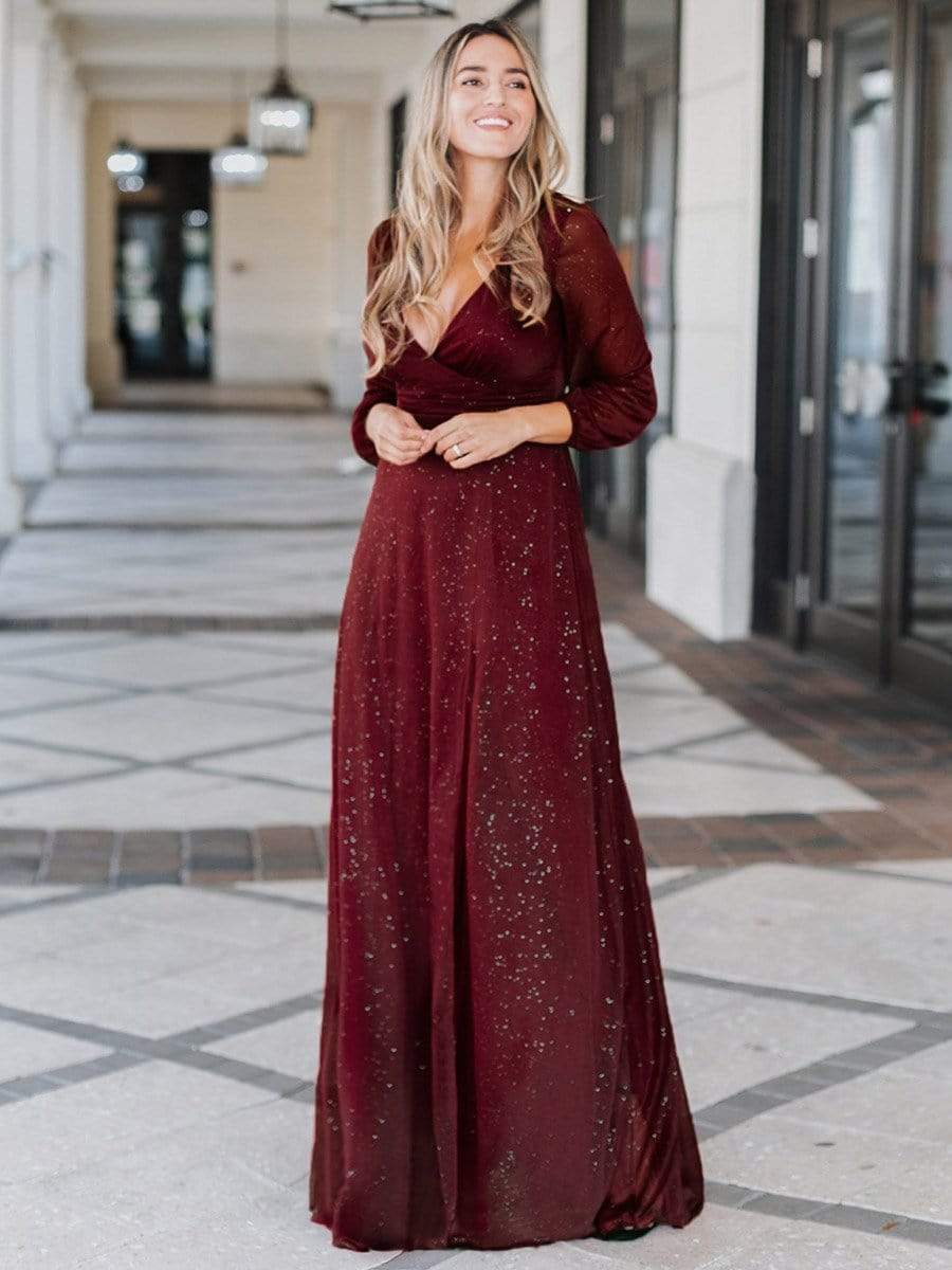 Sexy V-Neck Shiny Wholesale Evening Dresses With Long Sleeve