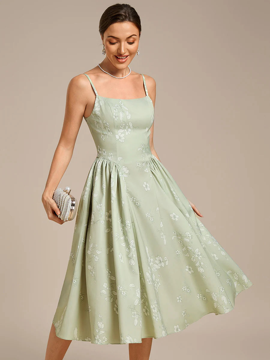 B2B-Exclusive Sleeveless Floral A-Line Square Neck Midi Wedding Guest Dress