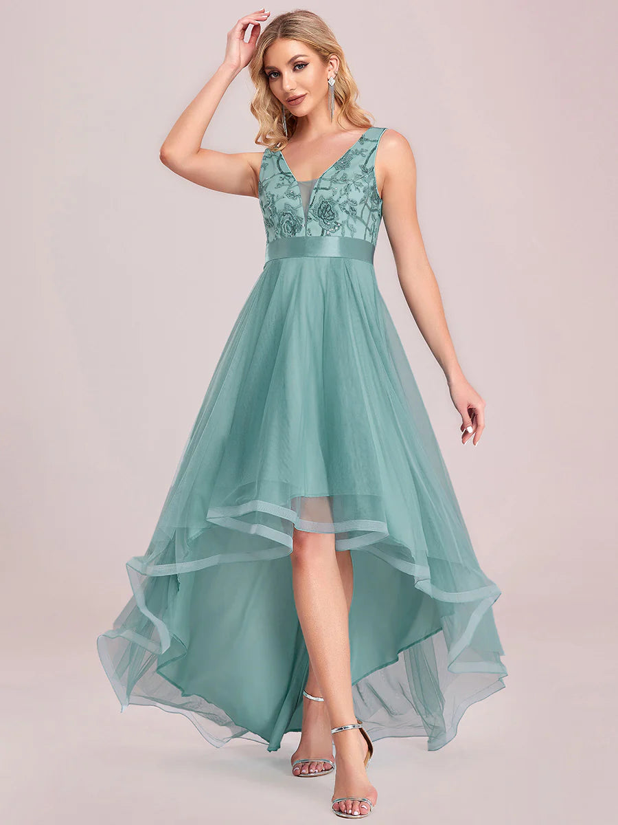 High-Low V Neck Tulle Wholesale Prom Dresses with Sequin Appliques