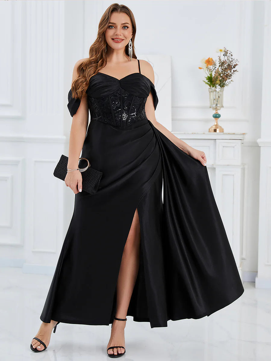 B2B-Exclusive Plus Size Short Sleeves Sweetheart Neck Fishtail Floor Length Evening Dresses