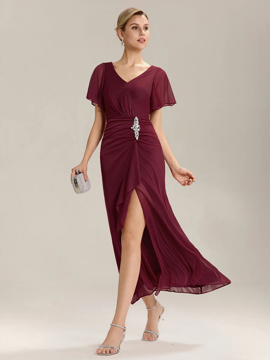 Short Sleeve Ruffle Deep V-Neck A-Line Maxi Dress with Slit Mother of the Bride Dresses