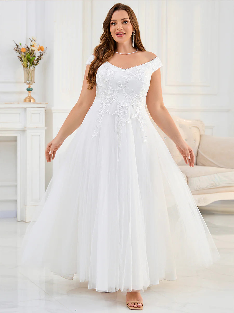 Plus Size Short Sleeve Cold Shoulder Deep V-Neck A-Line Floor Length Wedding Dresses