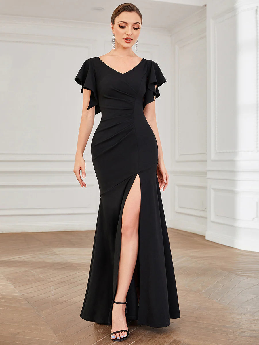 Deep V Neck Short Ruffles Sleeves Split Wholesale Evening Dresses
