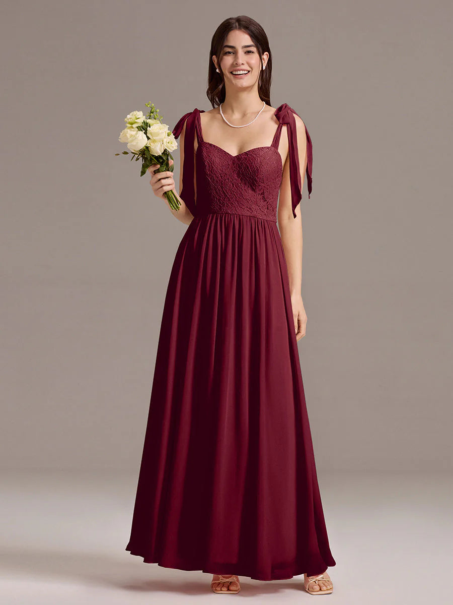 Chiffon Sweetheart Neck Bow Tie Backless A-Line Lace Bridesmaid Dress