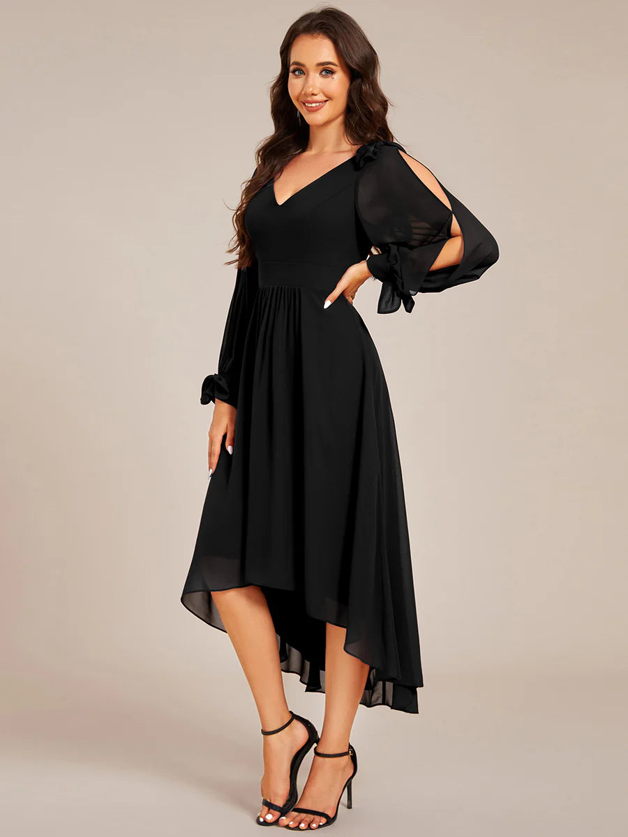 Elegant Butterfly Design Long Sleeves Midi Length A-Line Asymmetrical Hem Chiffon Dresses
