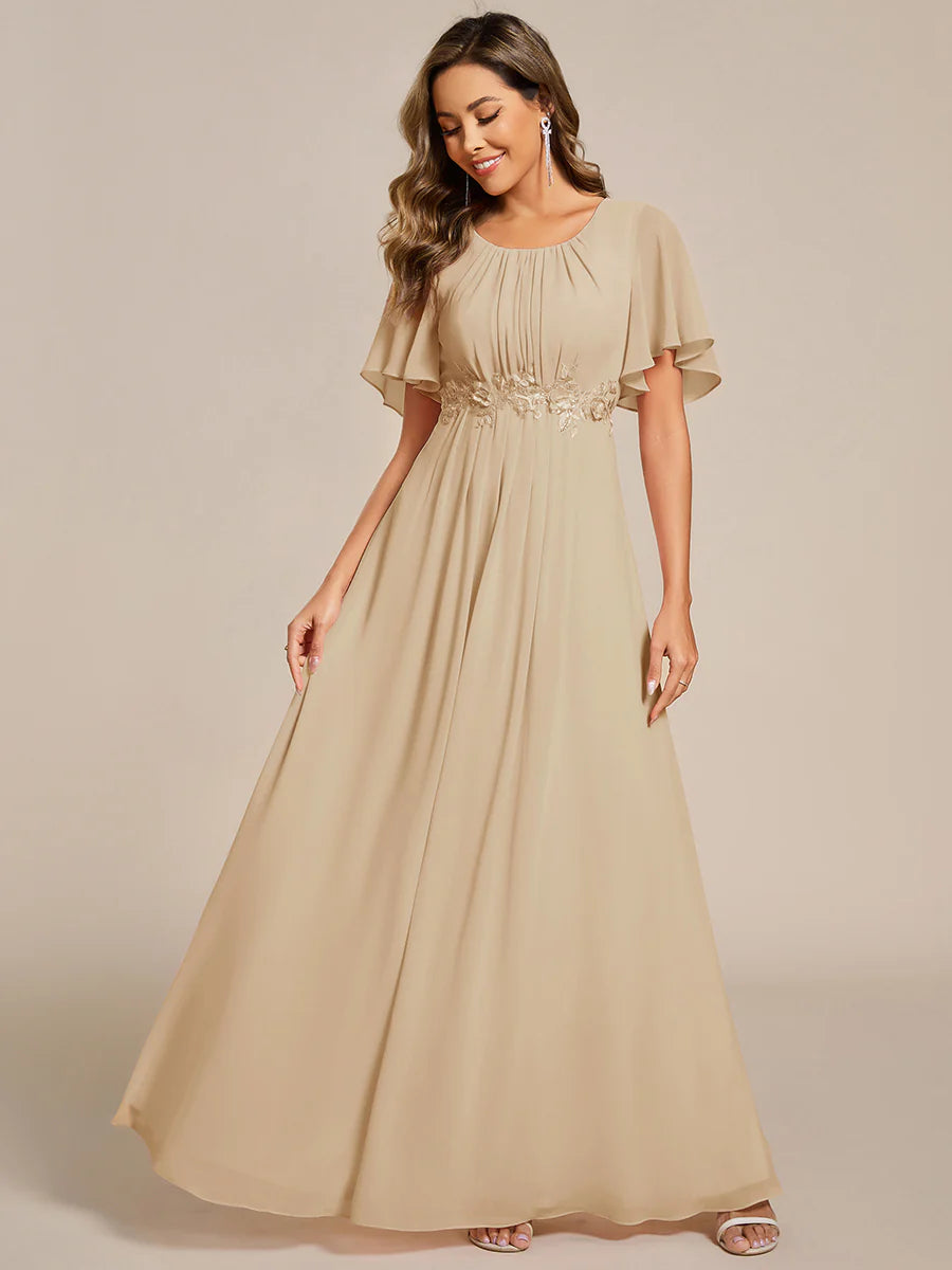 Short Sleeves Pleated Applique A-Line Floor-Length Formal Evening Dress