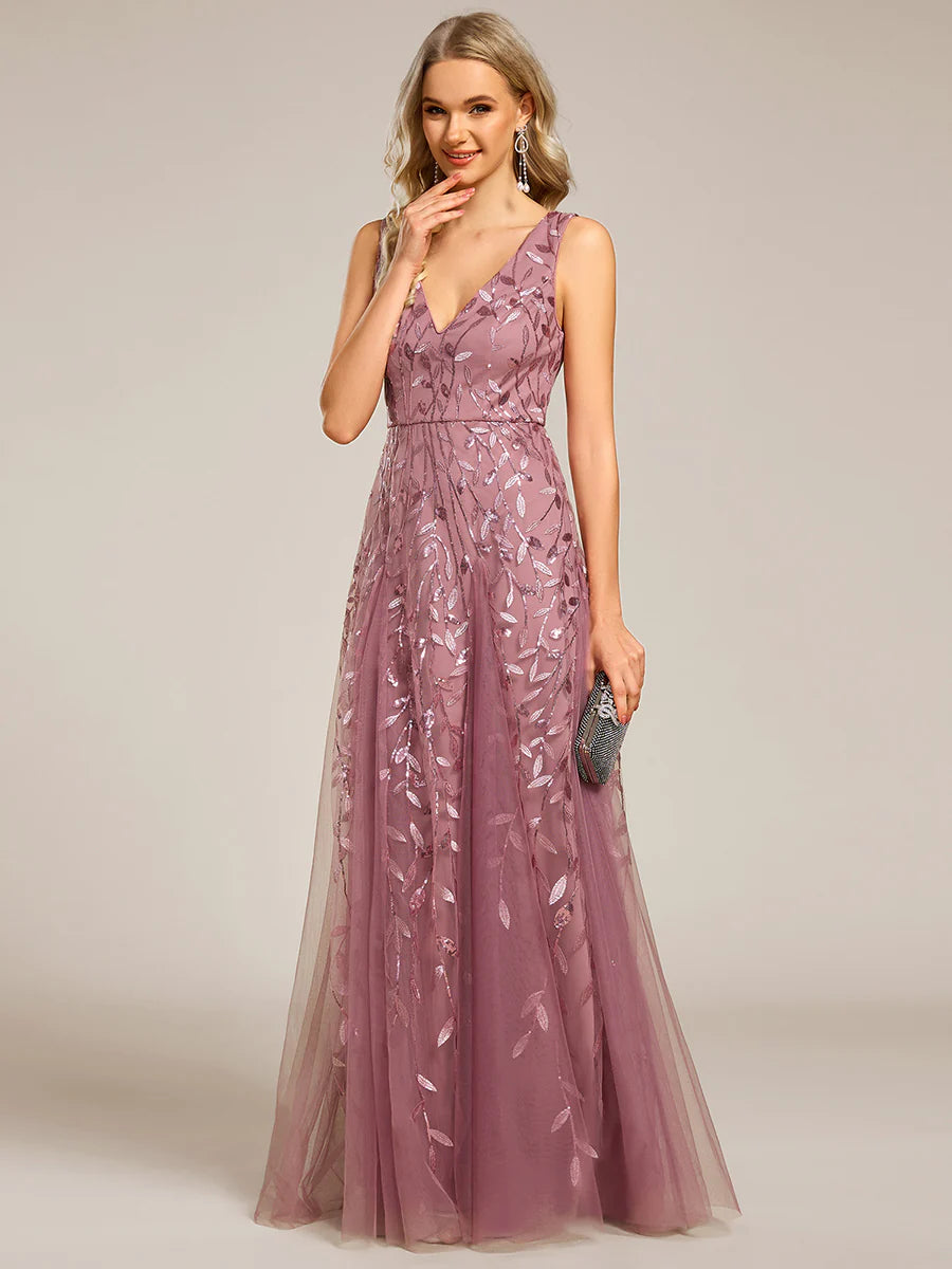 Shiny V-Neck Sequin Sleeveless Evening Dress with Tulle