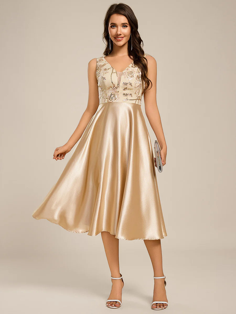 Strapless A-Line Midi Dress with Deep V-Neck Wedding Guest Dress
