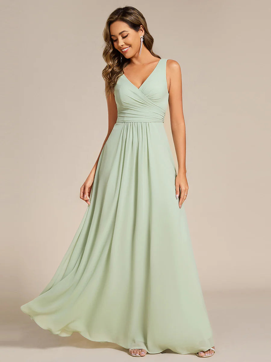 Asymmetrical Sleeveless V-Neck A-Line Floor-Length Bridesmaid Dress