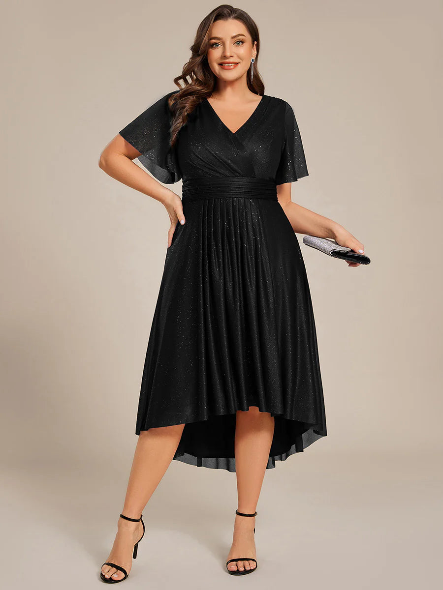 Plus Size Short Sleeve Ruffled Pleated V-Neck A-Line Midi Wedding Guest Dresses