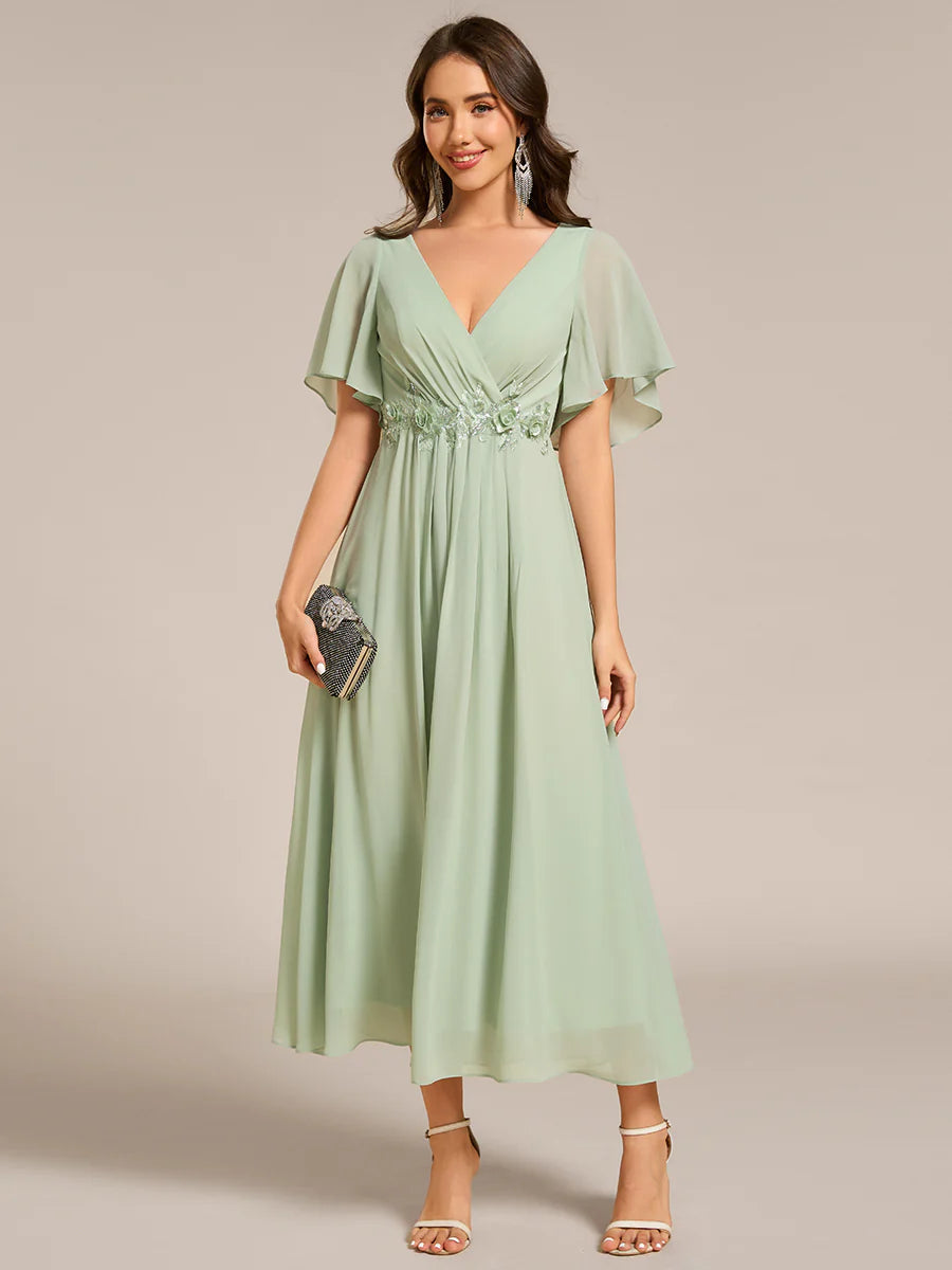 Applique V Neck Tea Length Wedding Guest Dress With Short Sleeves