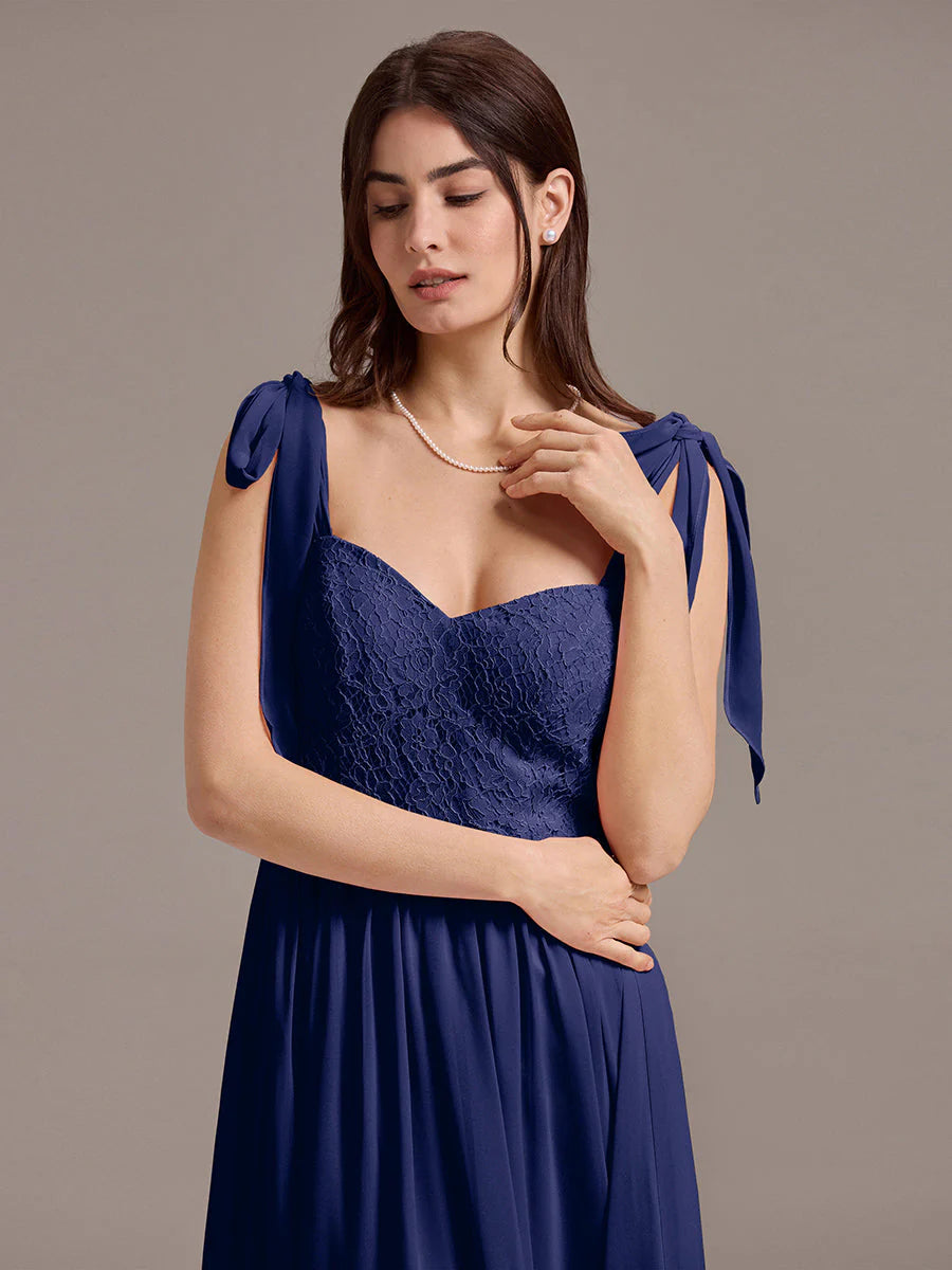 Chiffon Sweetheart Neck Bow Tie Backless A-Line Lace Bridesmaid Dress