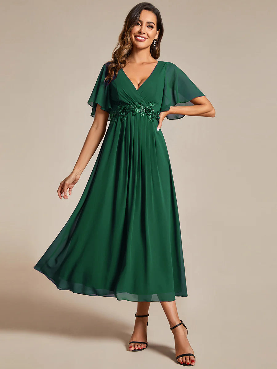 Applique V Neck Tea Length Wedding Guest Dress With Short Sleeves