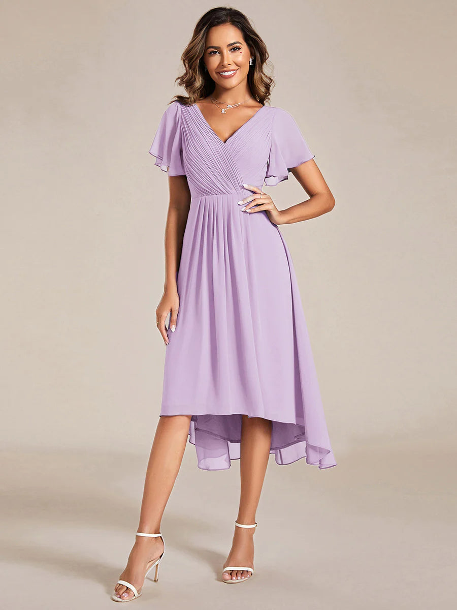 Industrial Use Short Sleeve Ruffle V-Neck Pleated A-Line High-Low Wedding Guest Dresses