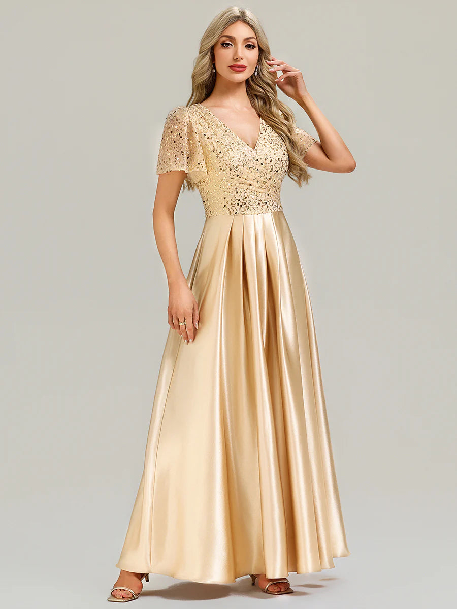 V-Neck Short Sleeve Evening Dress with Ruffle and Sheer Appliques