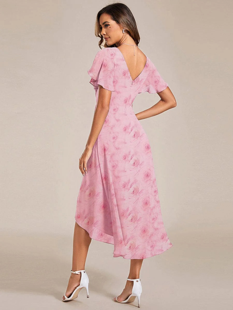 Ever FAYE|Floral V Neck High-Low Short Sleeve Wedding Guest Dress