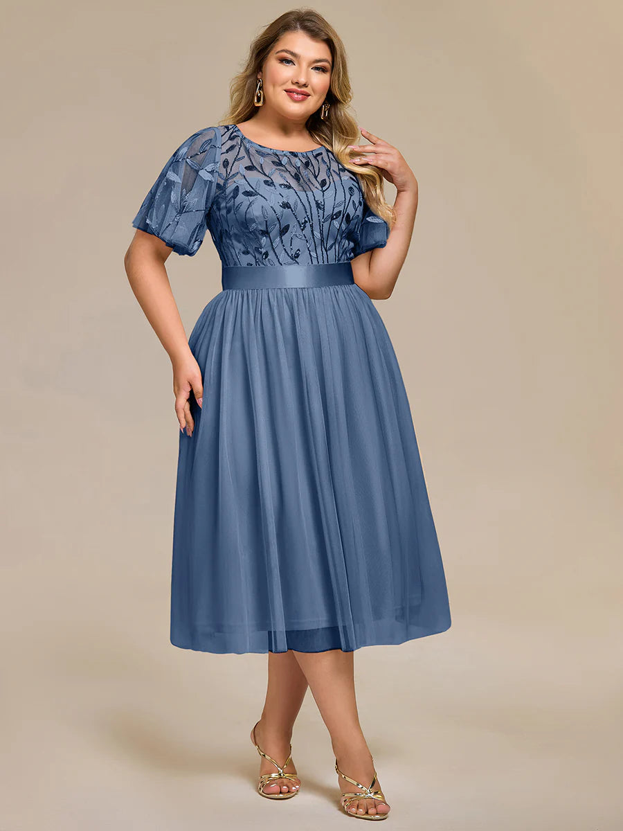 Bulk Order | Plus Size Fit A-Line Deep V-Neck Evening Gown | Ruffled Short Sleeve Midi Dress