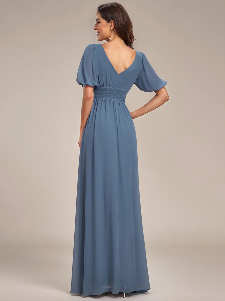 Deep V Neck A Line Half Puff Sleeves Wholesale Bridesmaid Dresses